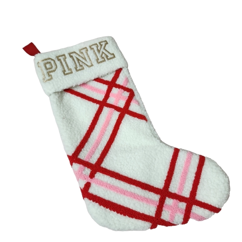 VICTORIA'S SECRET PINK sherpa plaid‎ stocking Holiday stocking in red pink white